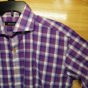 Bogosse Men’s Dress Shirt Purple Plaid Size 3 (M) Long Sleeve 100% Cotton